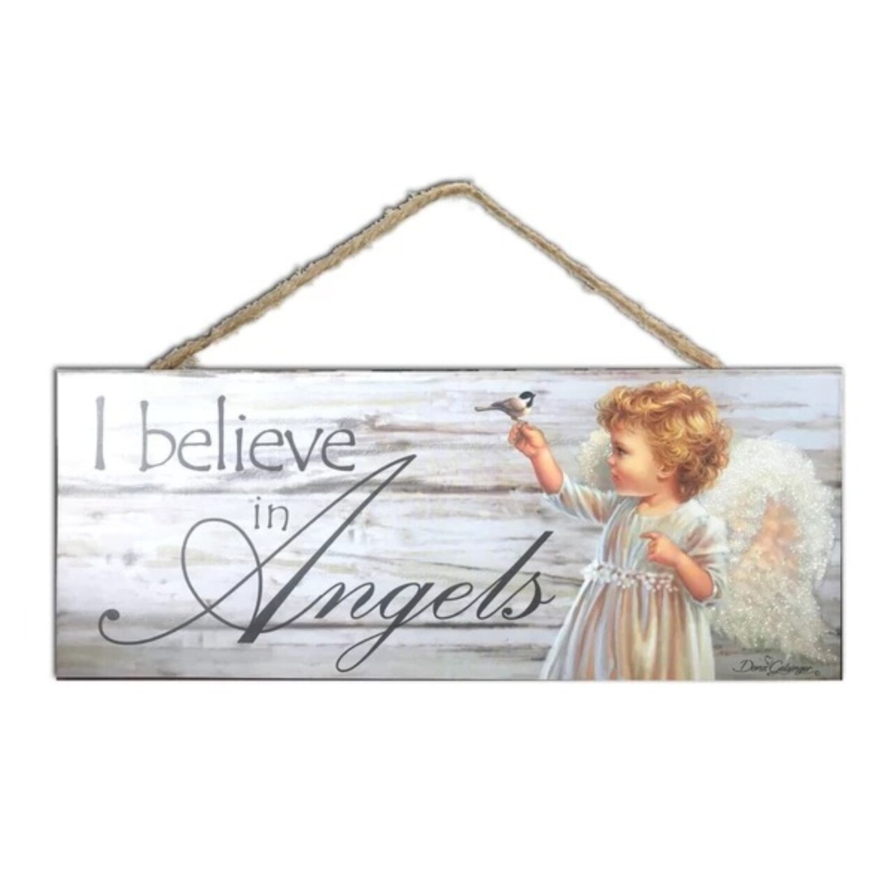 Glow Decor White and Gray Angel Printed Rectangular Wall Sign with Rope Hanger 4" x 10"